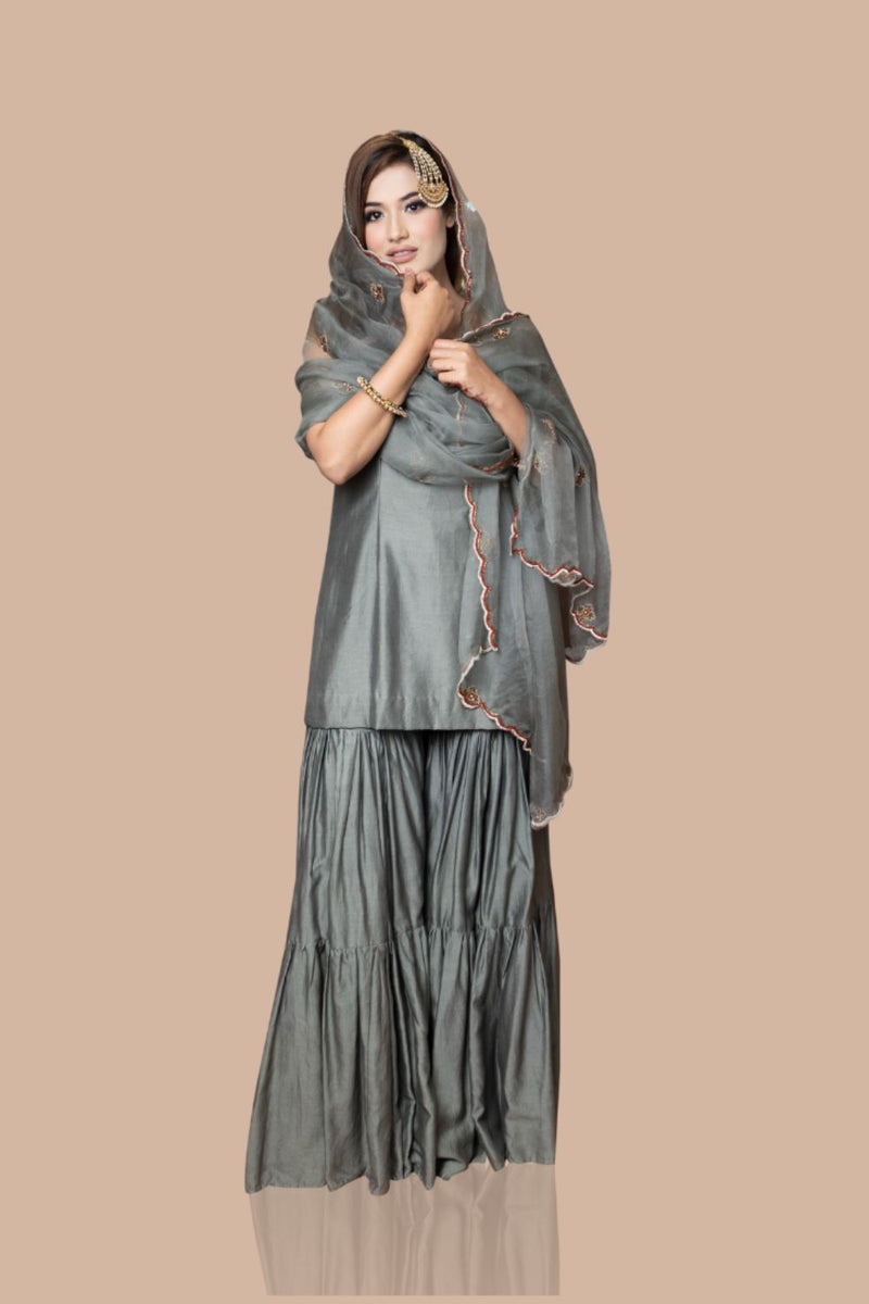 Grey Kurta With Garara And Dupatta