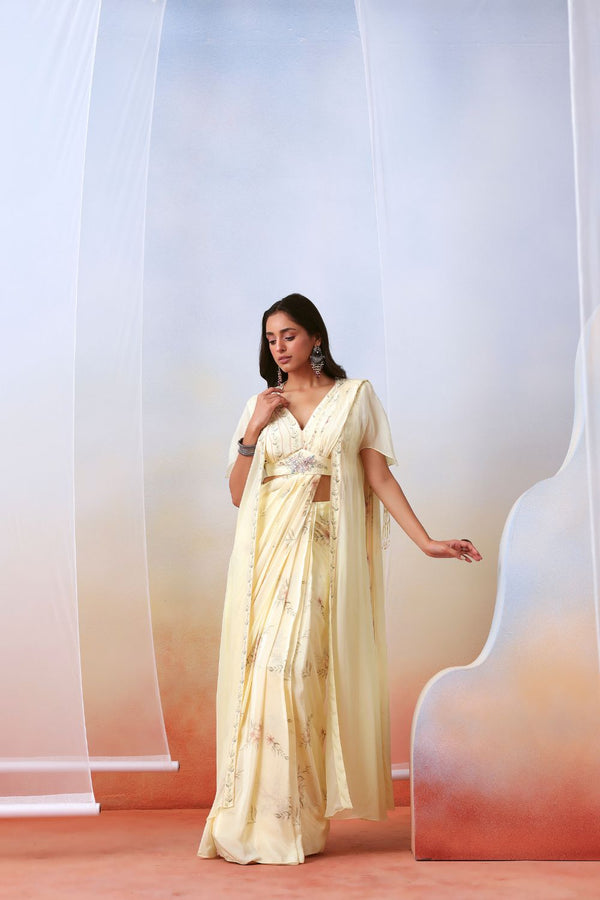 Off White Printed Pre Stitched  Saree With Embroidered Cape