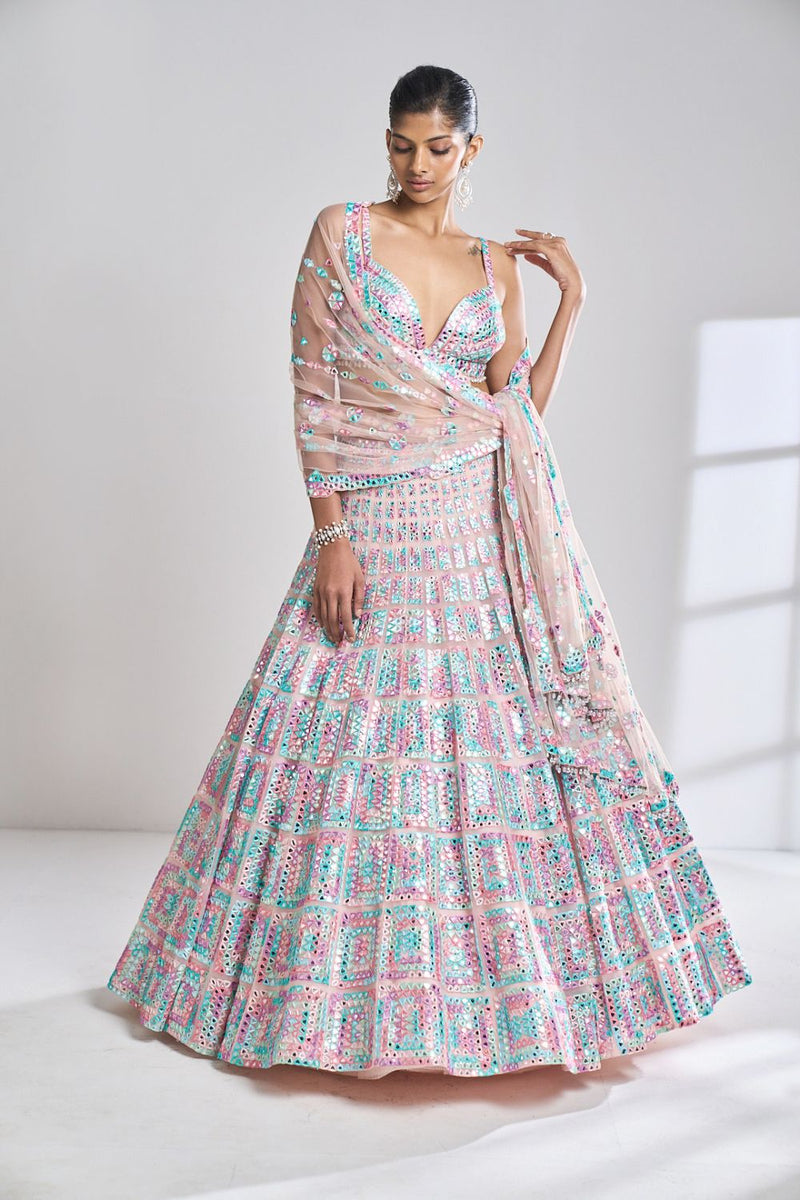 Pastel Multi-Coloured Mirror Work Lehenga Set