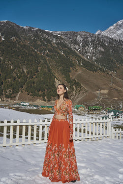 orange floral hand embroidered wrap blouse with pleated lehanga made in  georgette fabric