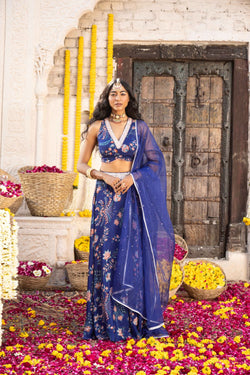 Royal blue printed lehenga with dupatta