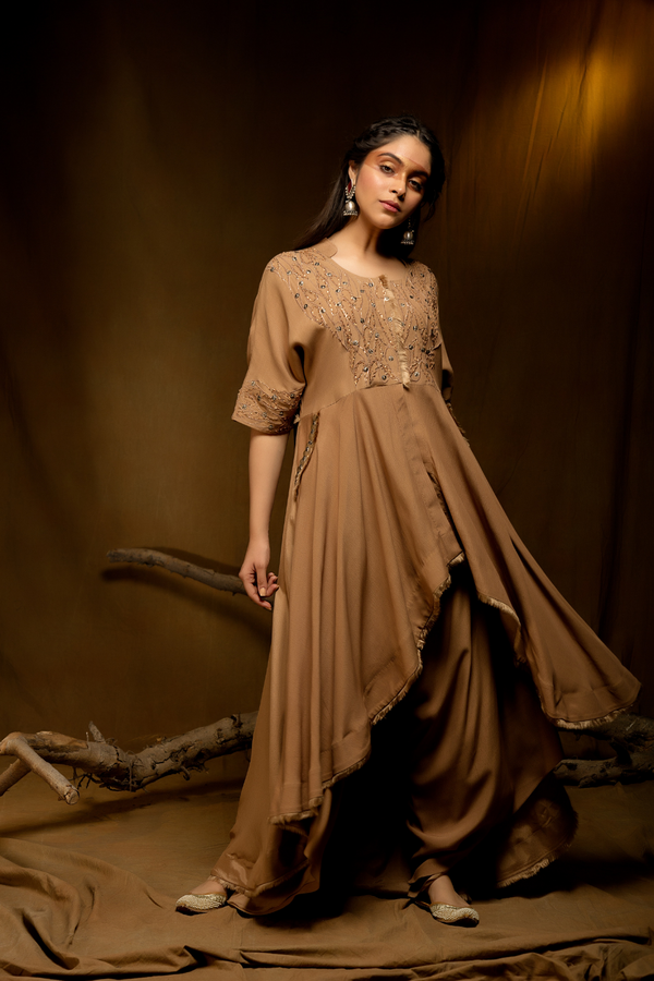 Golden beige front open cape style kurta with dhoti pants