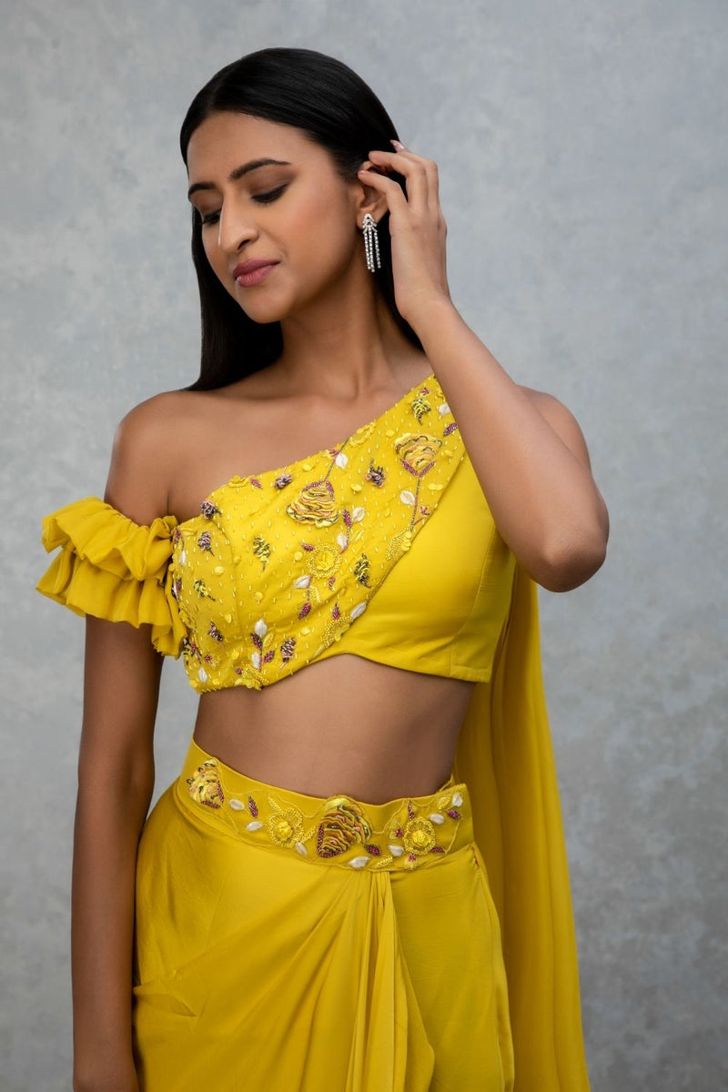 Citrine yellow draped top and skirt set