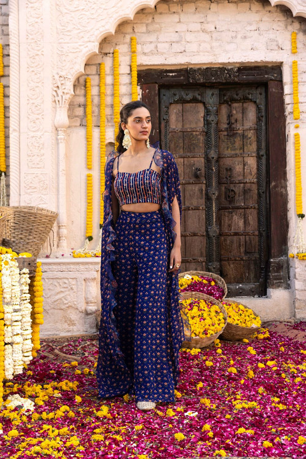 Royal Blue Embroidered Sharara Set With Cape