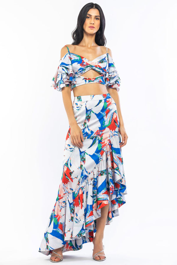 SATIN PRINTED FLAIRED SLEEVE TOP WITH HIGH LOW SKIRT