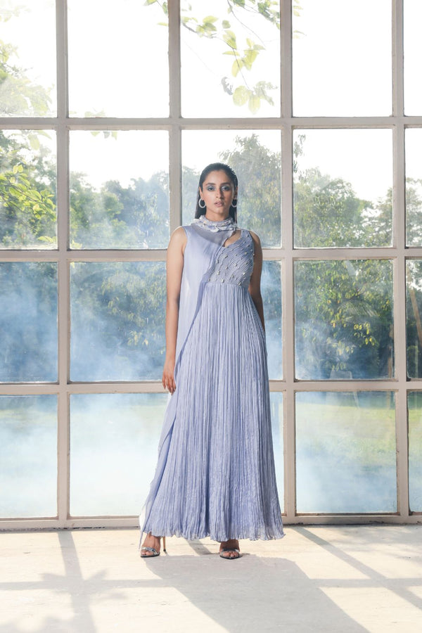 Periwinkle gown with drape cape