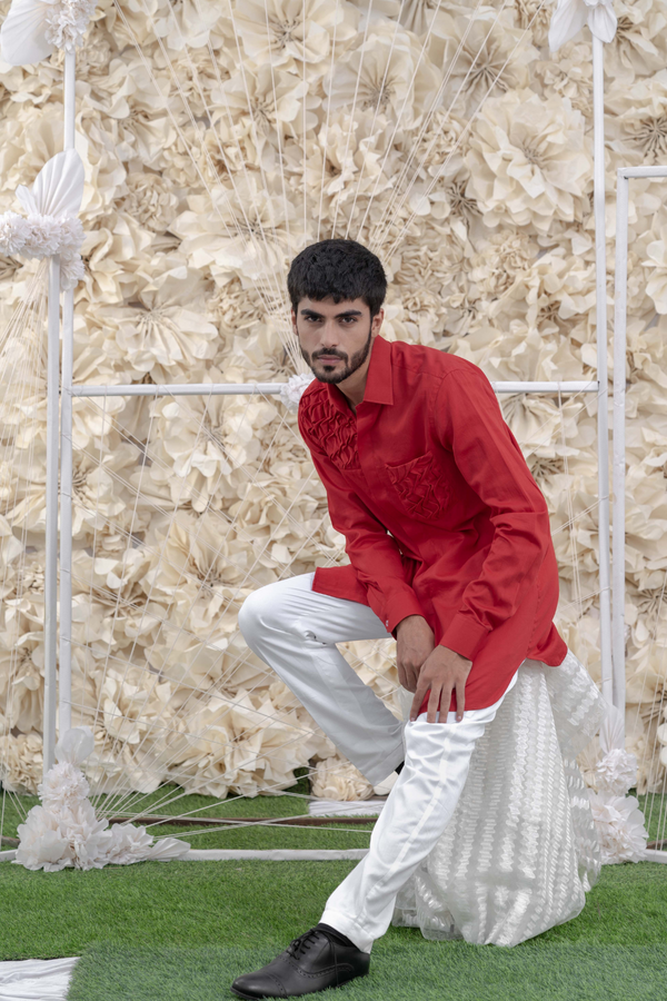 RED SMOCKING SHORT KURTA/TUXEDO SHIRT