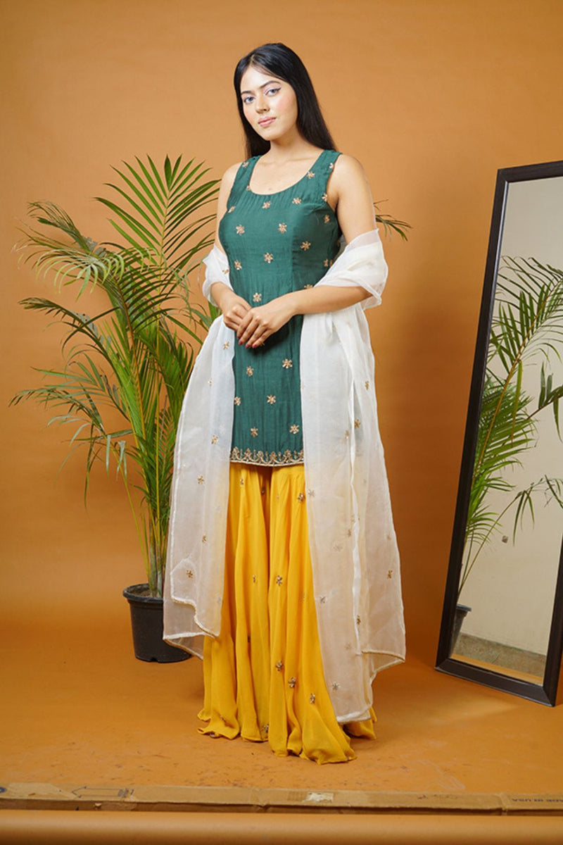 Green Kurti with Mustard Garara