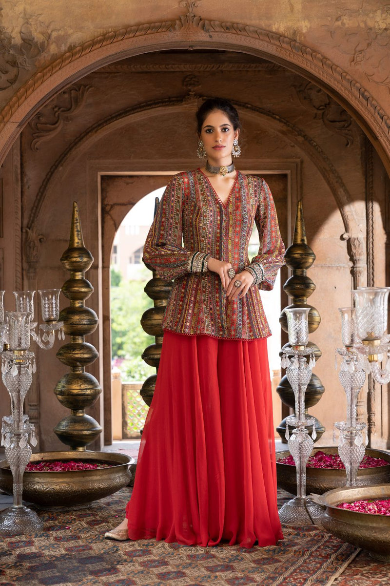 Red Printed Tunic With Palazzo