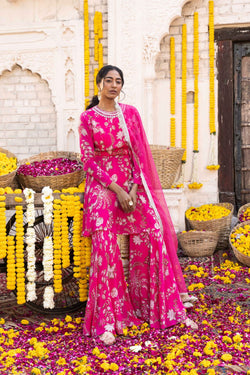 Hot Pink Printed Sharara Set With Dupatta