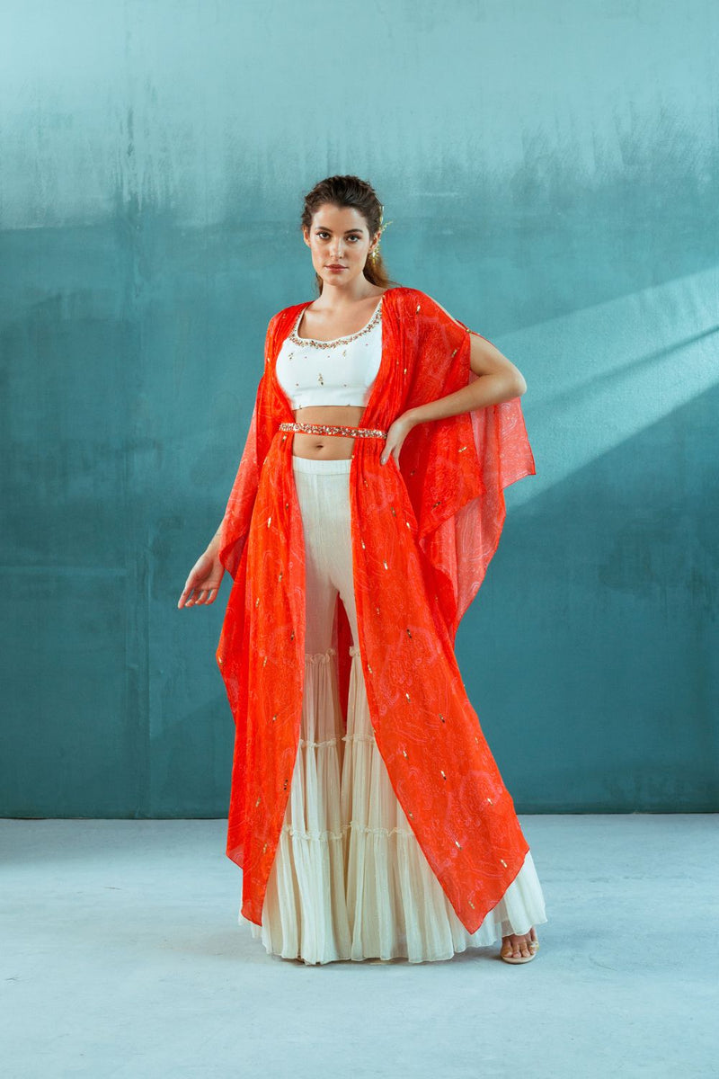 Coral Chiffon Cape With Ivory Blouse And Sharara