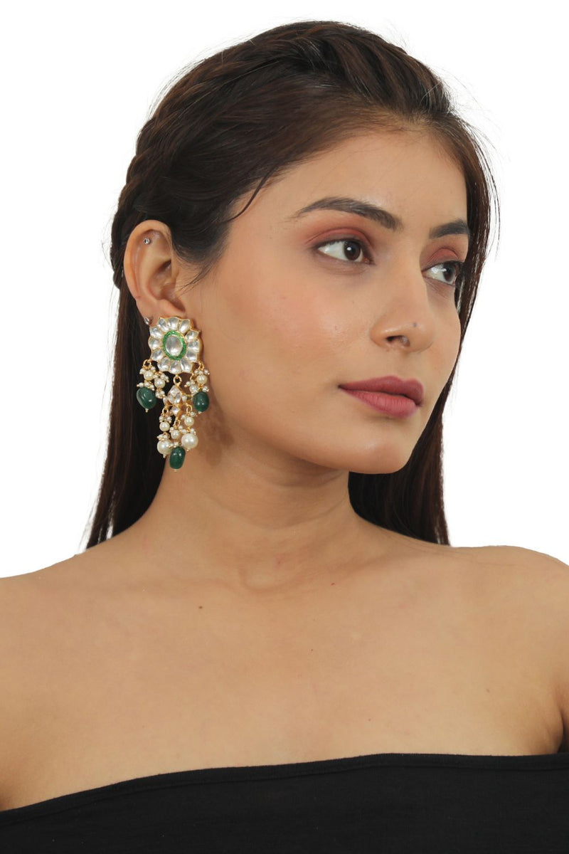 GREEN CHOKER NECKLACE SET WITH CHAND DESIGN IN 22KT GOLD PLATING