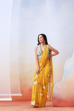 Yellow Printed And Embroidered Pre Stitched  Saree Set