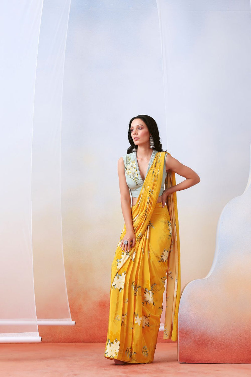 Yellow Printed And Embroidered Pre Stitched  Saree Set