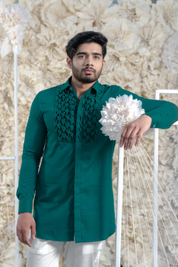 TEAL SMOCKING SHORT KURTA/TUXEDO SHIRT