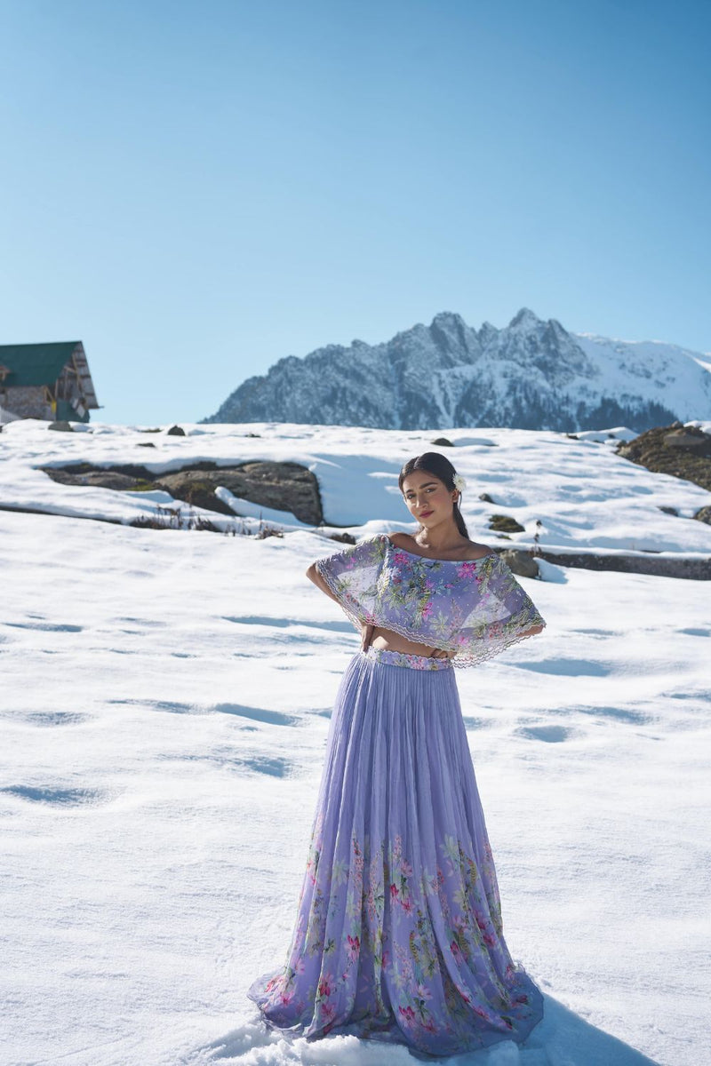 lilac floral hand emdroiderd off sholulder cape blouse with pleated lehanga made in georgette fabric