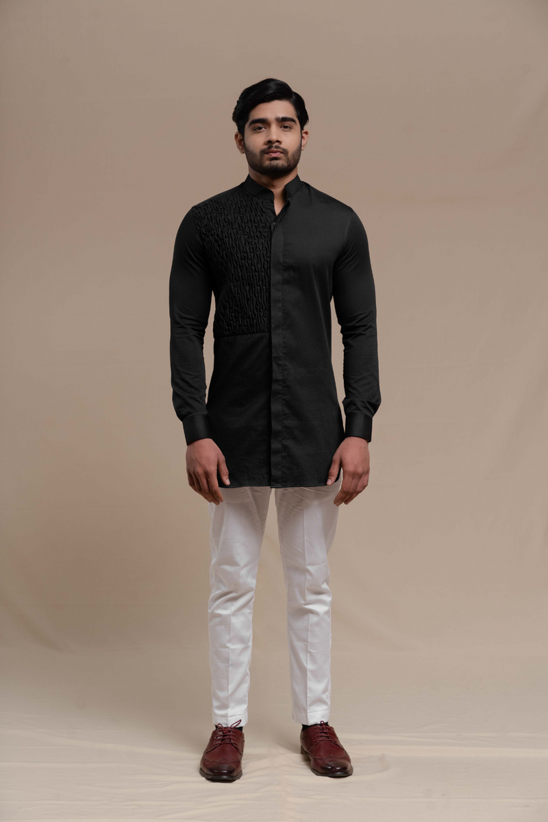 BLACK SMOCKING SHORT KURTA/TUXEDO SHIRT SET