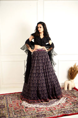 IMAARA black ruffled blouse and printed lehenga