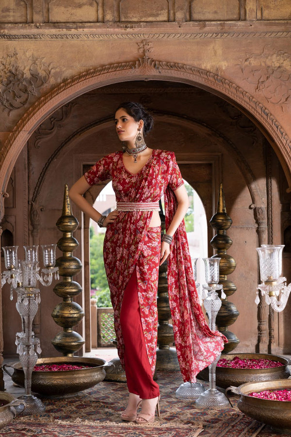 Maroon Printed Pant Saree with Blouse and Belt