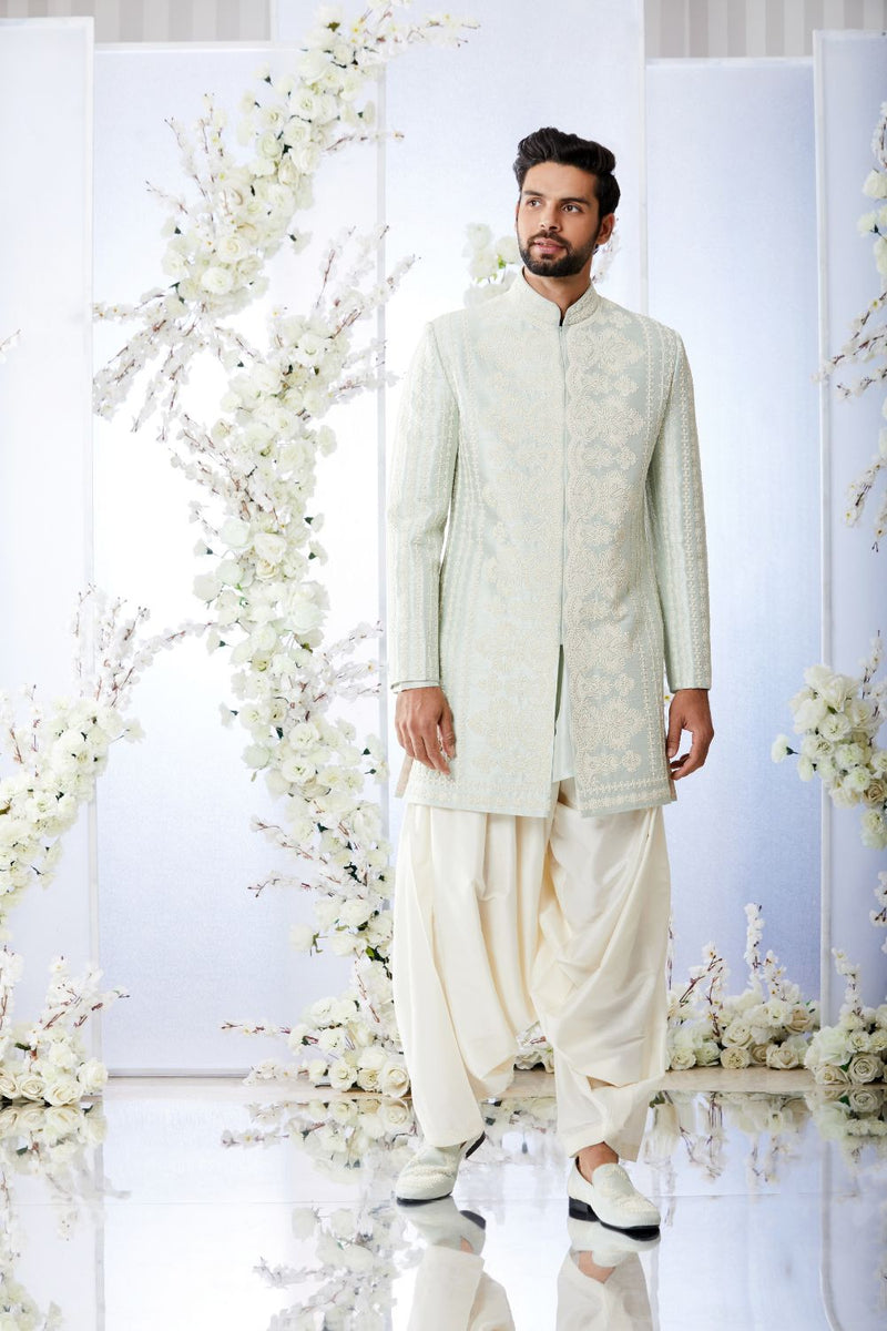 Sage Green Pearl Short Sherwani Set