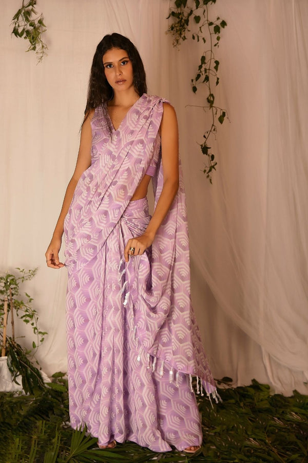 Hand-embroidered Printed Blouse with Draped Saree