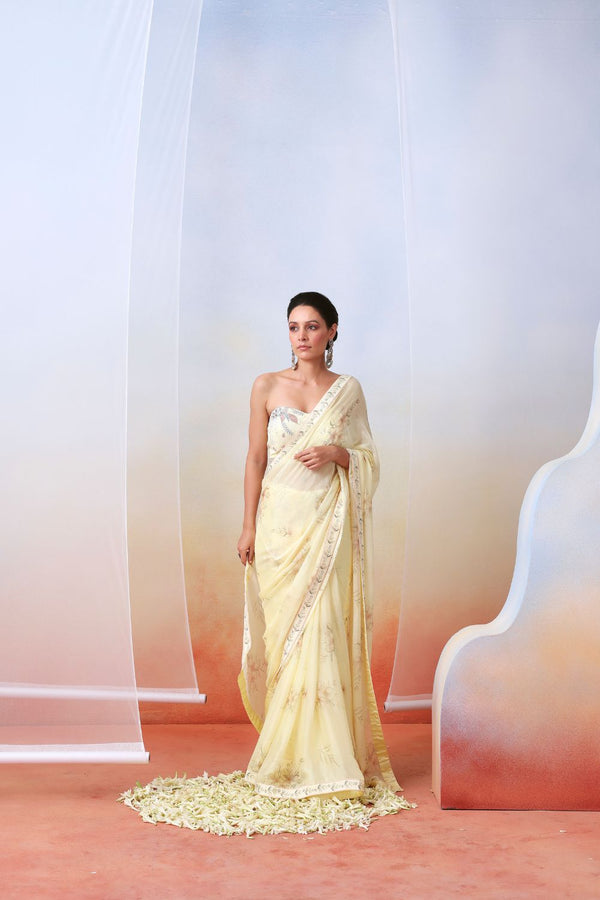 Off white printed and embroidered saree set