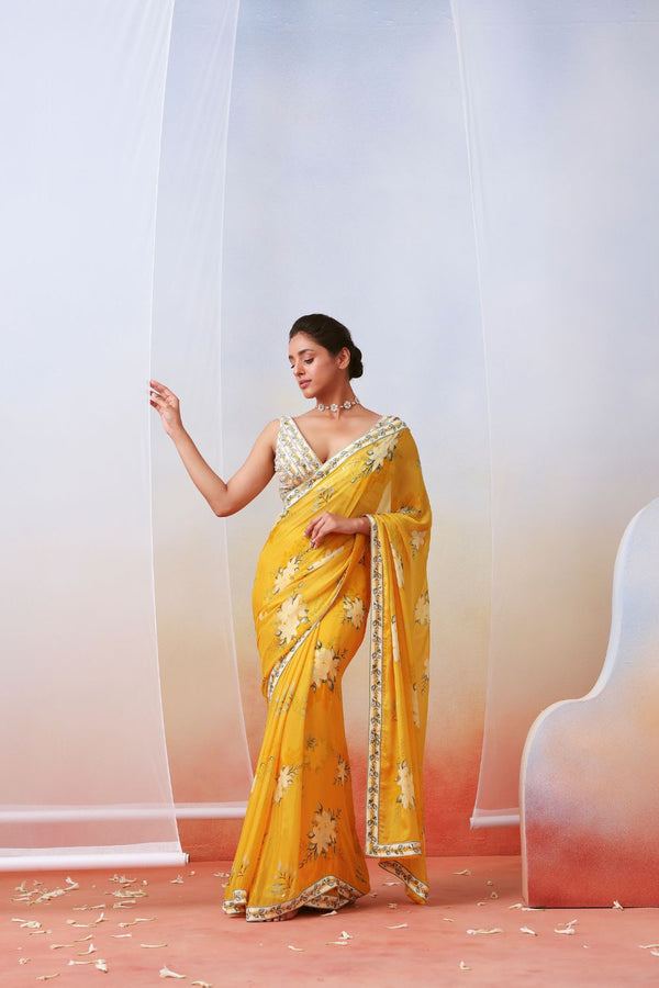 Yellow Printed Embroidered Saree Set