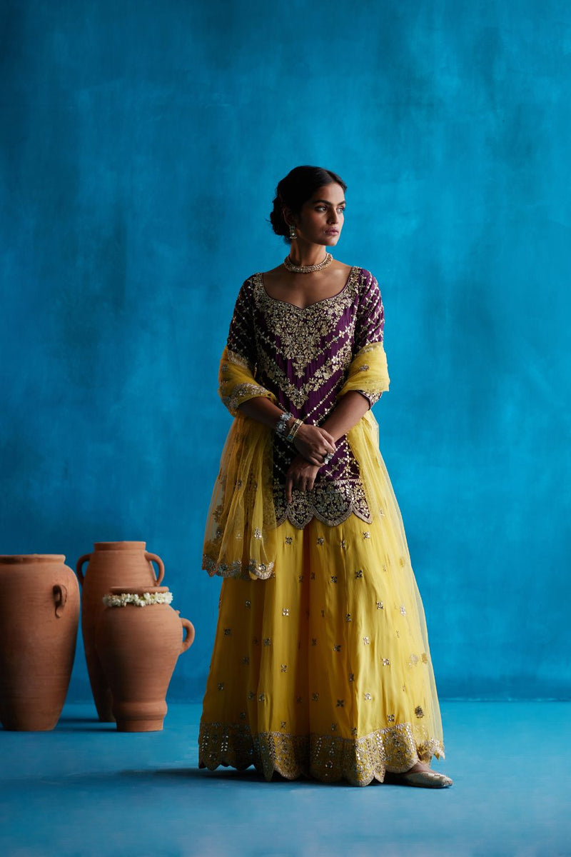 Yellow Sharara Set With Wine Kurta Set