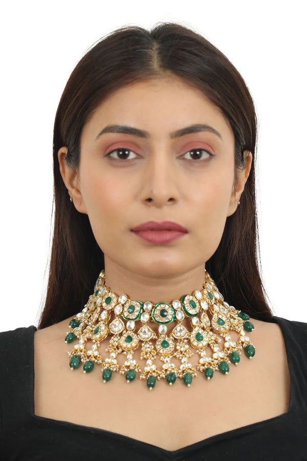 GREEN MEENAKARI DOUBLE LAYERED NECKLACE SET