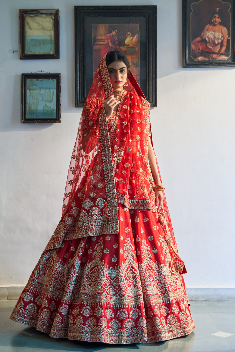 Red Raw Silk Lehenga Set