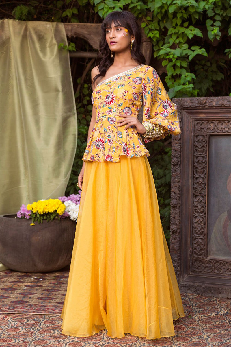 Buy Mint Green Floral Organza Skirt With Peplum Top Online – Vasansi Jaipur