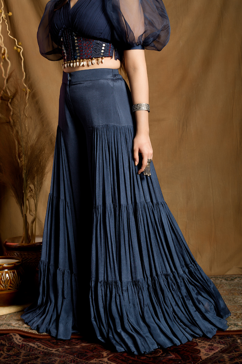 Puff Sleeved pleated blouse with side flared sharara pants