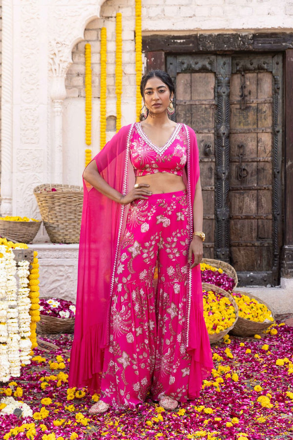 Hot Pink Printed Sharara Set With Cape