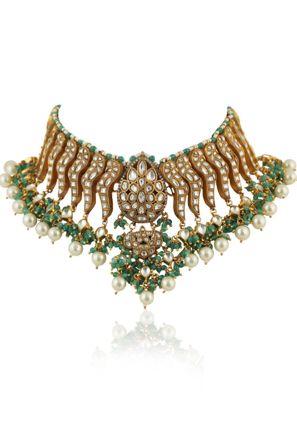 FESTIVE WEAR NECKLACE SET IN 22KT GOLD PLATING, CARVED UNIQUELY WITH SEA GREEN BEADS AND PEARLS