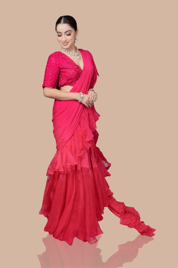 Rani Pink Drape Saree With Ruffles And Blouse