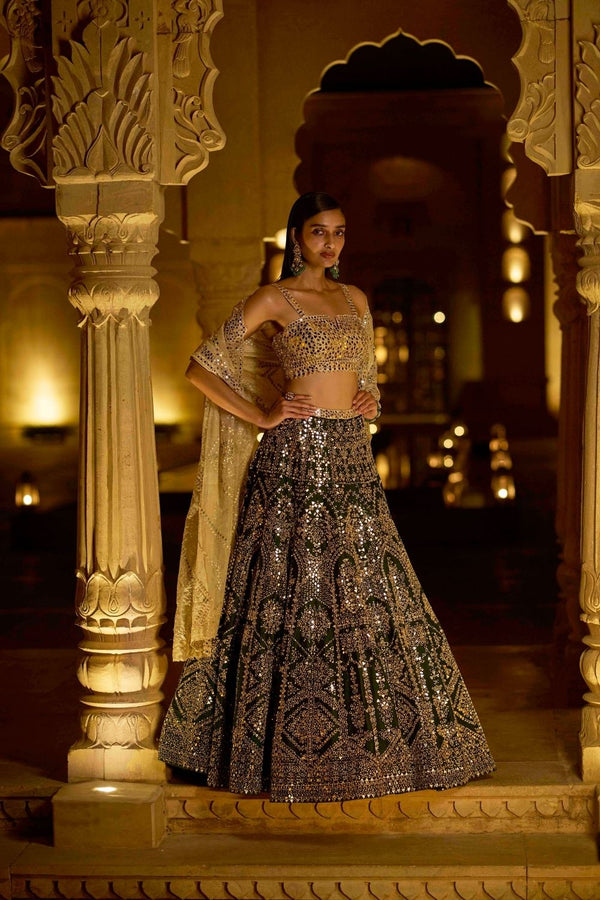 Bottle Green Mirror Work Lehenga Set