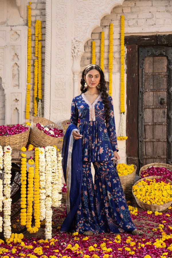 Royal Blue Floral  Printed Sharara Set With Dupatta