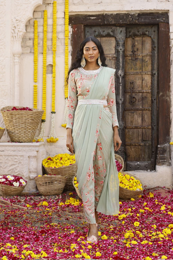 Sage Green Floral Printed Blouse With Pant Saree..