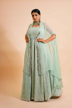 3 Piece Mirror Embroidered Anarkali With Belt And Cape