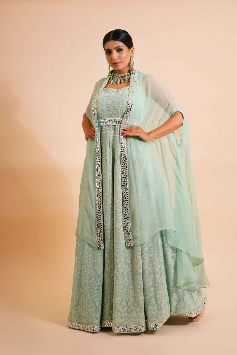 3 Piece Mirror Embroidered Anarkali With Belt And Cape