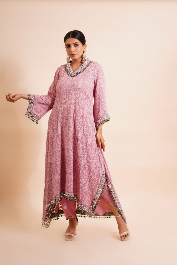 2 Piece Hand Embroidered Kaftaan Kurta With Dhoti Pants