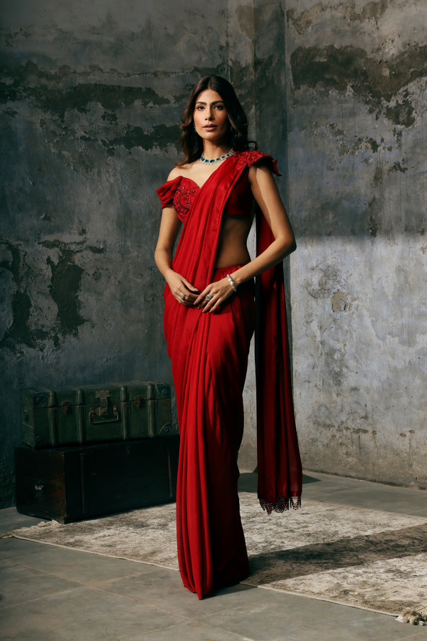 Red Pre stitched drape saree with hand Embroidered blouse and Tassled Pallu set