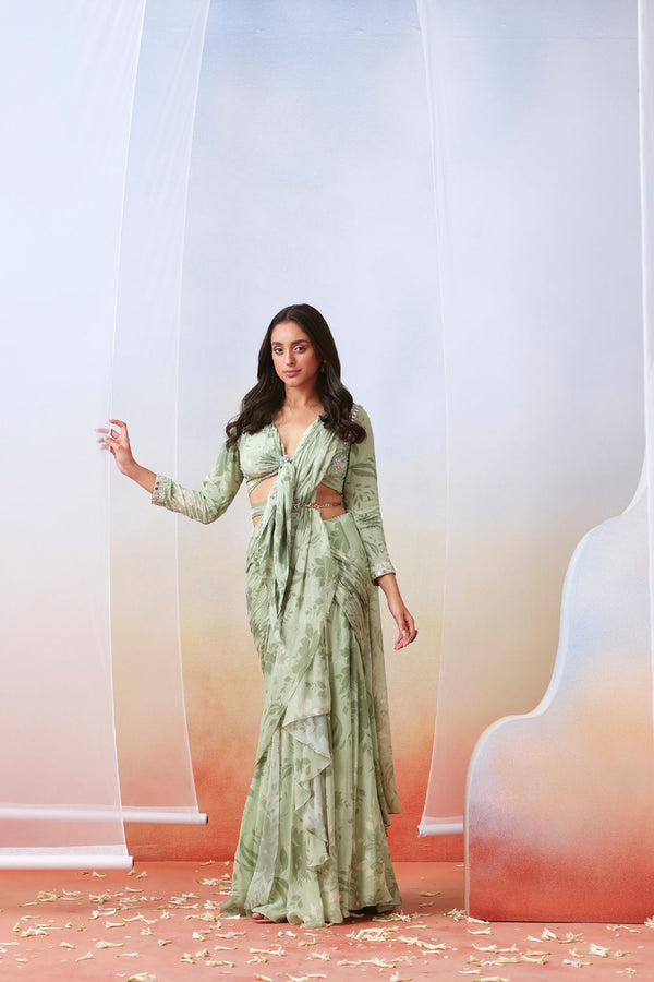 Sage Green Printed And Embroidered Pre Drape Saree Set