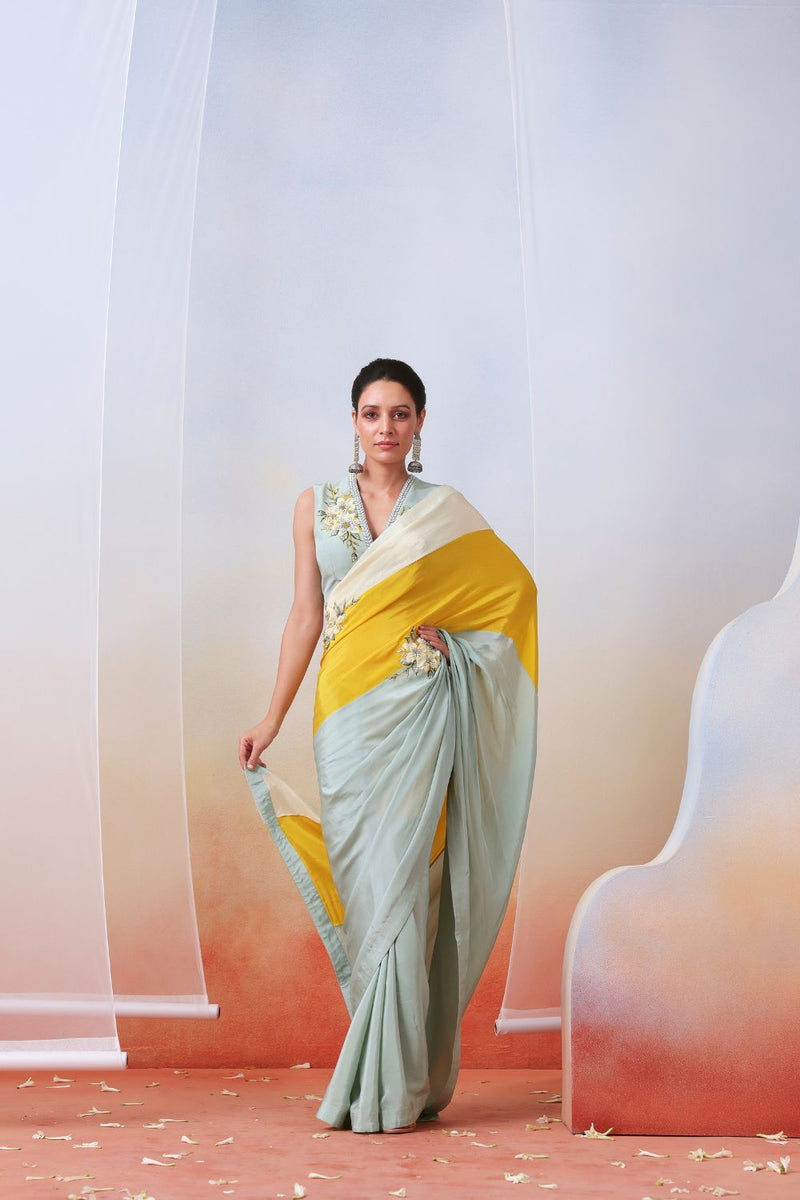 Multi Color Block Embroidered Saree Set