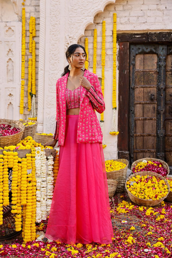 Hot Pink Printed Jacket With Skirt And Embroidered Inner