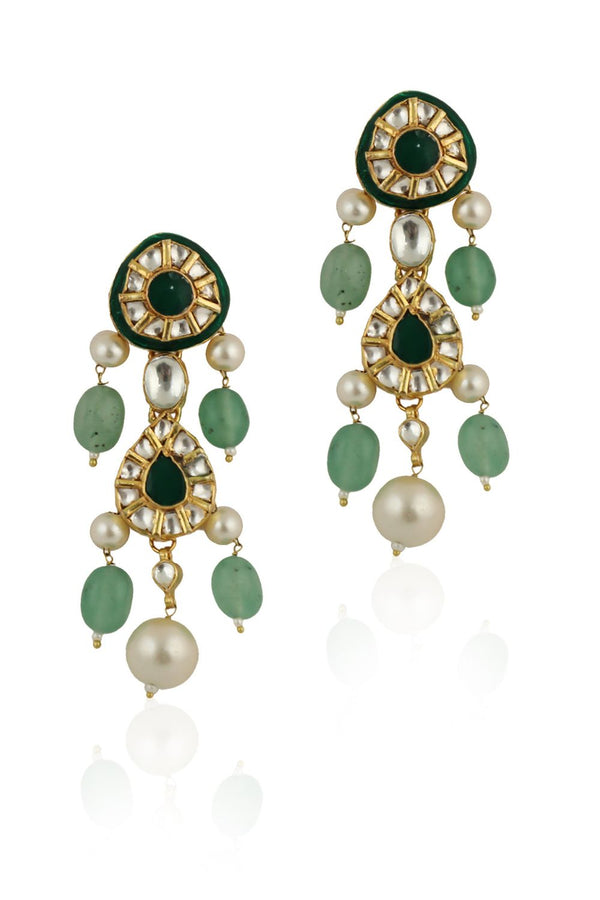 GREEN MEENAWORK EARRINGS WITH WHITE PEARL AND SEA GREEN BEADS