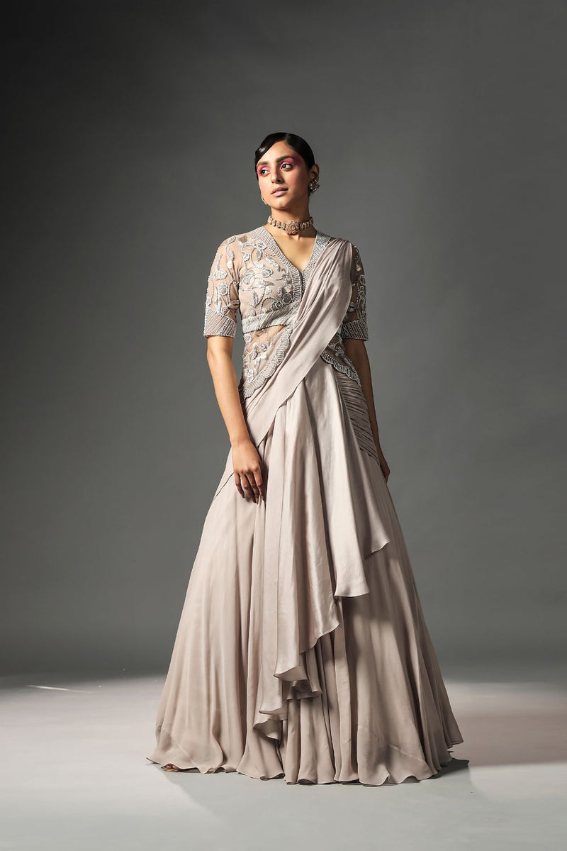 Buy Gold Organza Embroidered Bugle Pre-draped Saree With Ruffle Blouse For  Women by Dheeru Taneja Online at Aza Fashions.