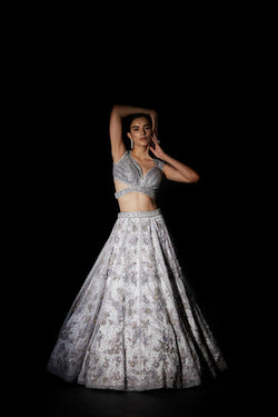 Floral Grey Organza Lehenga Set