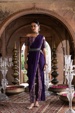 Purple Printed Pant Saree With Blouse And Belt