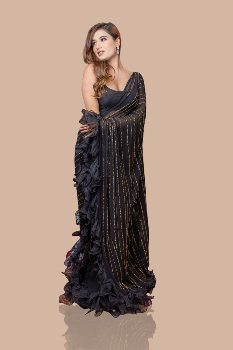 Black Drape Saree With Ruffles And Blouse